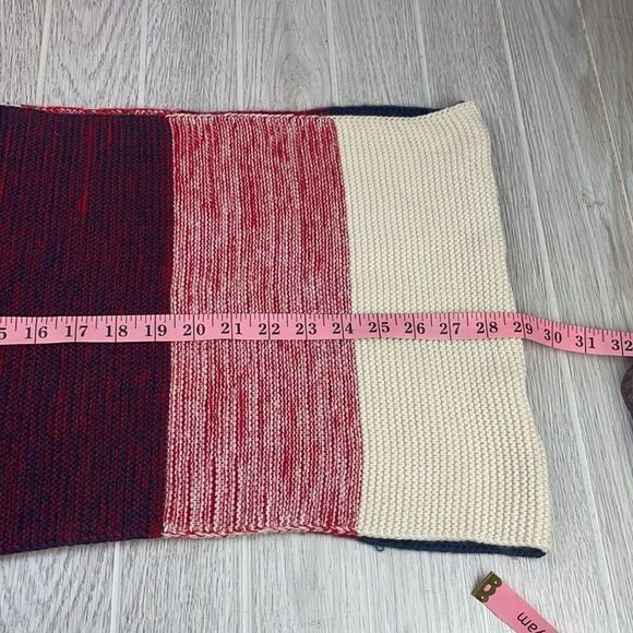 Look.  Knit unisex Red, Blue and Tan Infinity Scarf - Picture 8 of 9